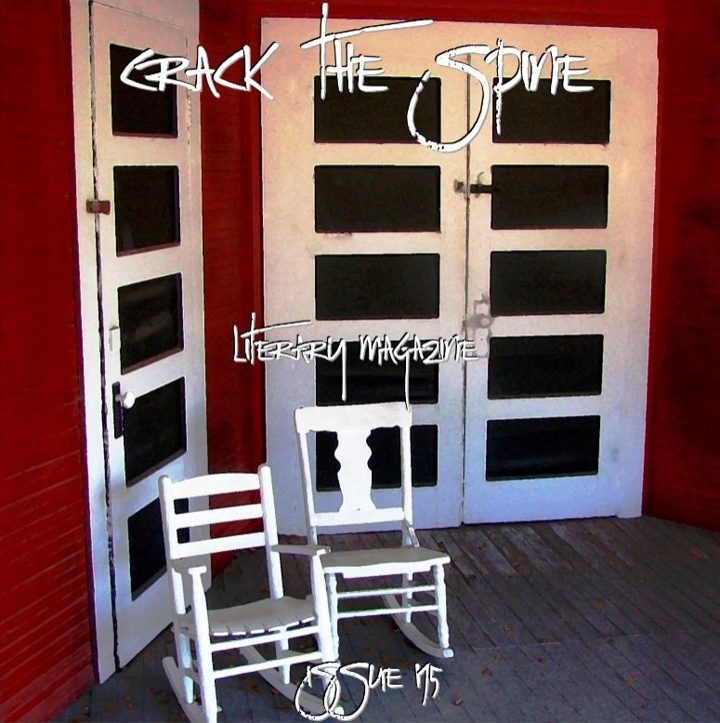 Cover of Crack the Spine issue 195: two white rocking chairs before white doors on a red porch