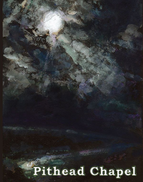 Pithead Chapel cover: a moon breaking through dark painted clouds