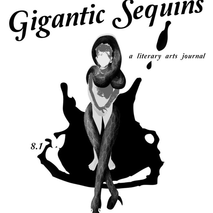 Cover of Gigantic Sequins 8.1: a figure wrapped in a snake against a black ink splash