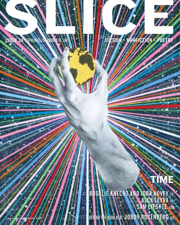 Cover of Slice issue 24: a hand holding a small globe against bursting colored lines