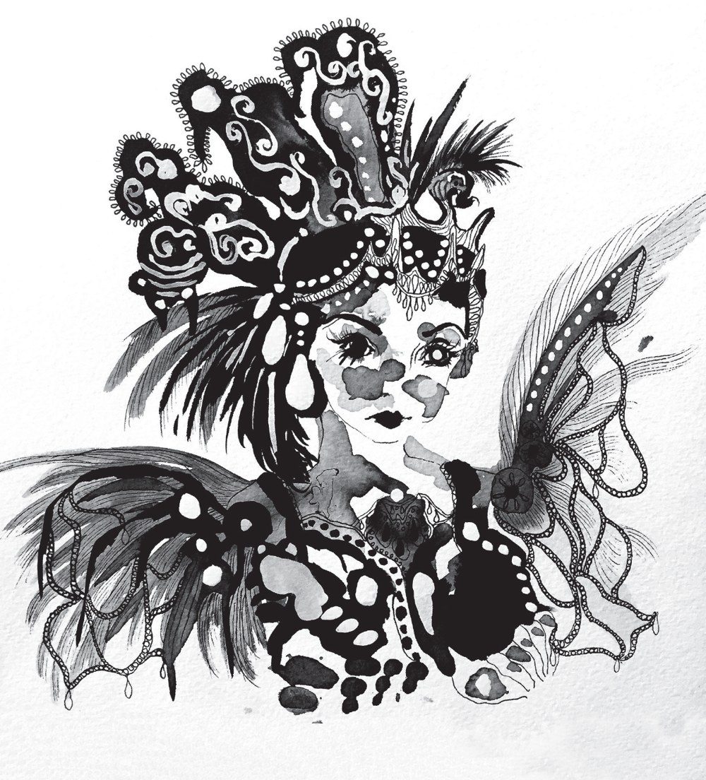 Ink-and-wash illustration of a woman in an elaborate feathered headdress with butterfly wings, from Gigantic Sequins