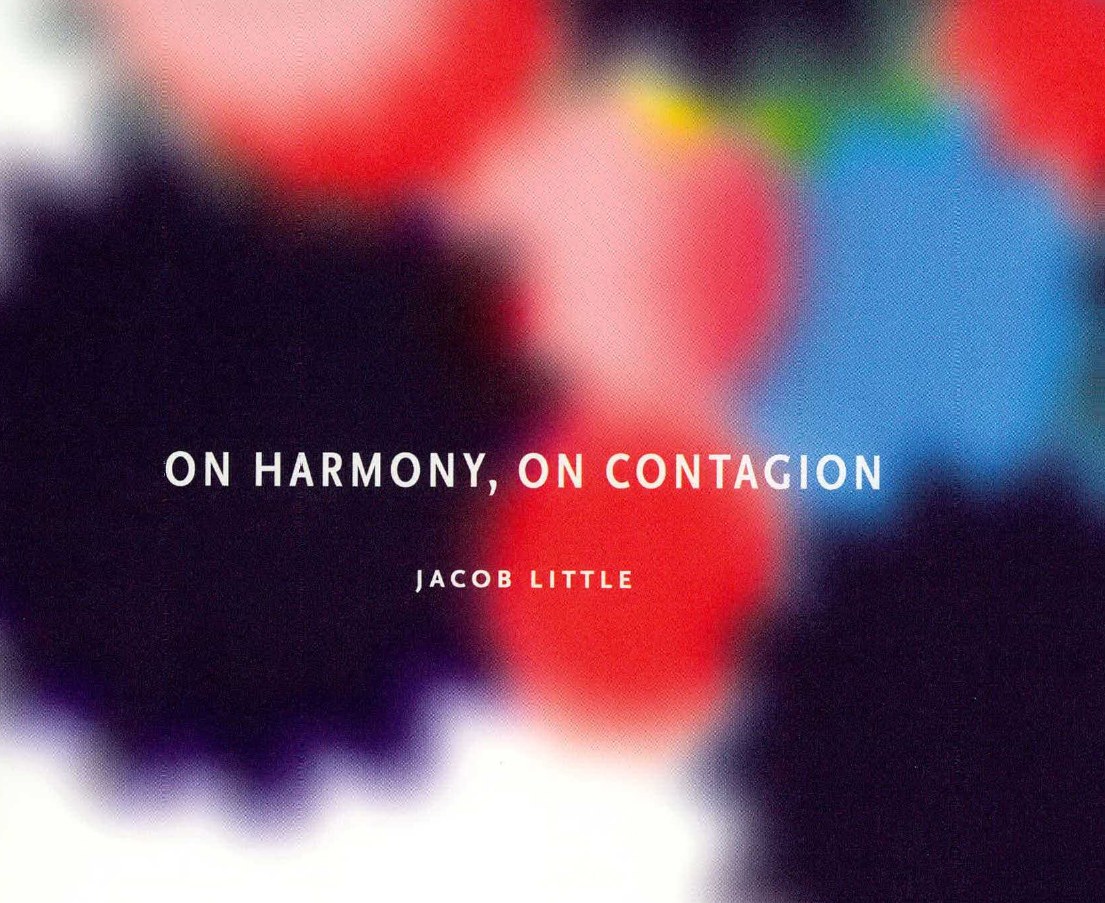 Ninth Letter title page: blurred dots of crimson, pink, blue, and violet, like fireflies out of focus, behind the title On Harmony, On Contagion